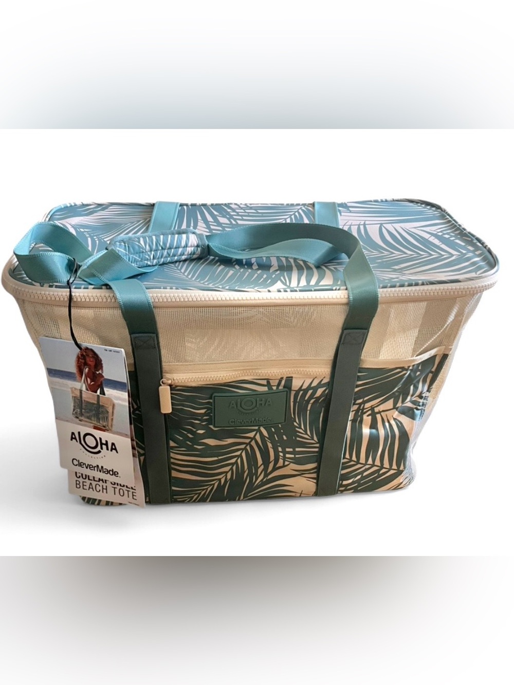 ALOHA x CleverMade Collapsible Beach Tote Seafoam Green Palm Print NWT mesh